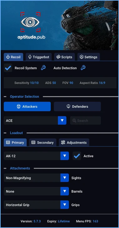 RCS / No Recoil Script for Rainbow Six Siege: Operator and loadout selection